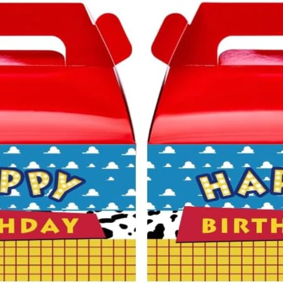 Happy Birthday Party Favor Boxes, Western Theme, Red and Blue Design, Pack of 12 - Picture 3 of 4